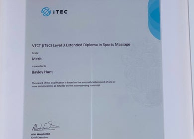 VTCT Level 3 Diploma in Sports Massage awarded at BTH Sports Massage, Heanor, England, GB.