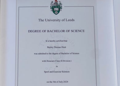 Degree certificate showcasing qualifications at BTH Sports Massage, Heanor, England, GB.