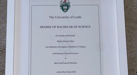 Degree certificate showcasing qualifications at BTH Sports Massage, Heanor, England, GB.
