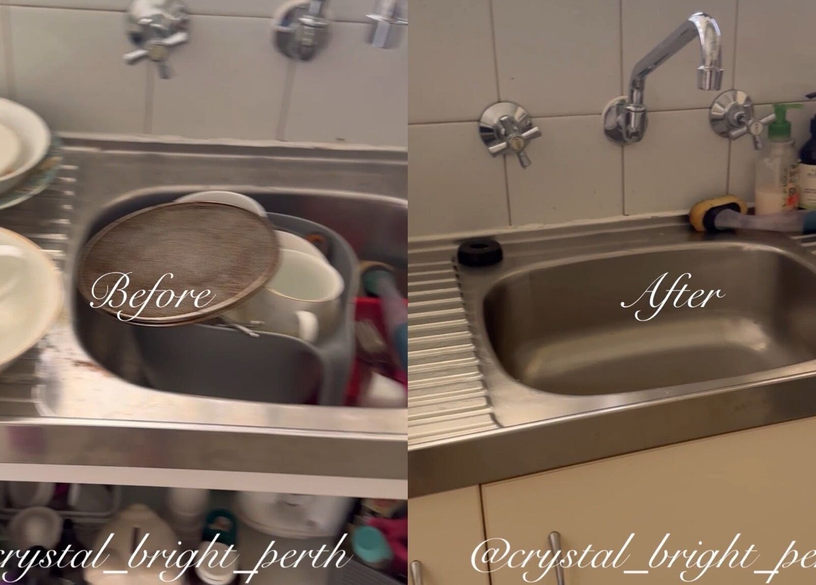Before and after view of a clean sink at Crystal Bright Perth, Haynes, Western Australia, AU.