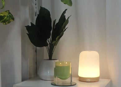 Eve Beauty Room Tuggerah candle and lamp beside plant creating a serene ambiance in New South Wales, AU.