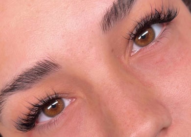 Close-up of expertly styled lashes and brows at Eve Studio in Tuggerah, New South Wales, AU.