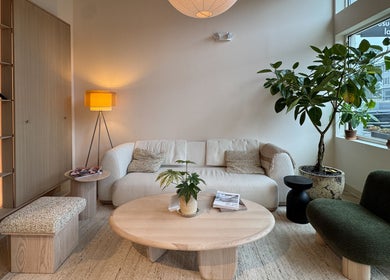 Relaxing lounge at The Usual Lash, Darien, Connecticut, US, with plush seating, plants, and modern decor.