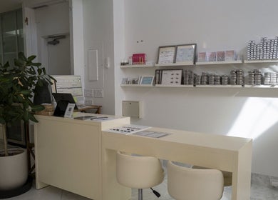 Reception area of Westport Lash, a beauty venue in Westport, Connecticut, US, featuring sleek decor and products.