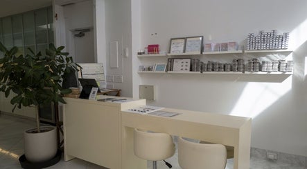 Reception area of Westport Lash, a beauty venue in Westport, Connecticut, US, featuring sleek decor and products.