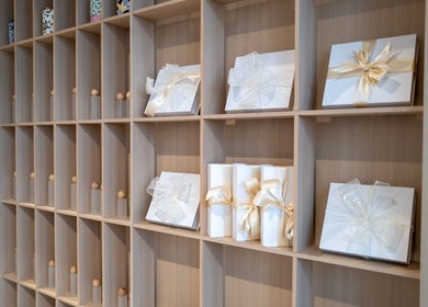 Beautifully wrapped gifts on display at The Usual Lash salon in Darien, Connecticut, US.