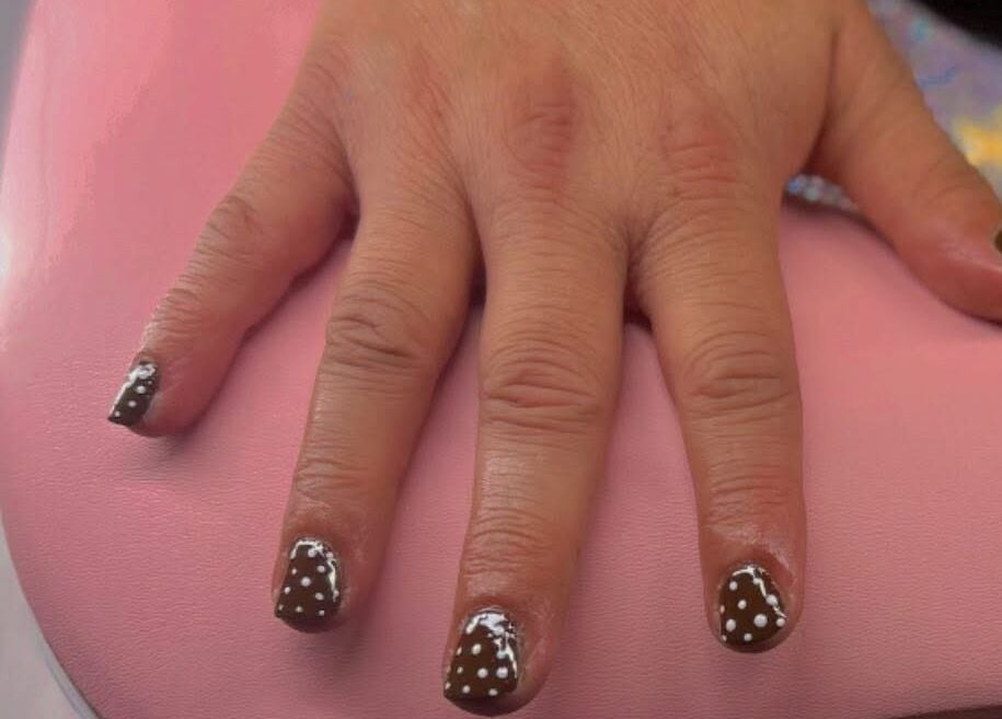 Brown polka dot nail art at Pretty Please by Tay, Brockville, Ontario, CA.