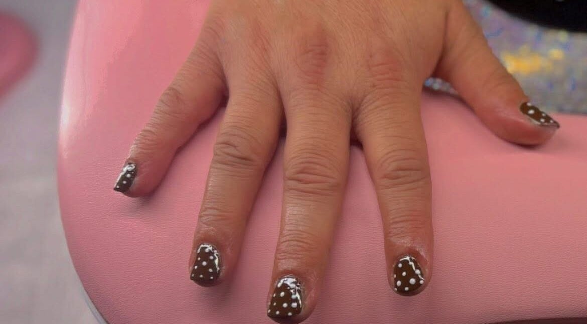 Brown polka dot nail art at Pretty Please by Tay, Brockville, Ontario, CA.