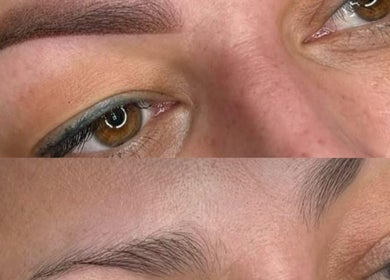 Eyebrow transformation at KAYA Beauty Lounge, Montréal, Québec, CA, showcasing detailed before and after results.