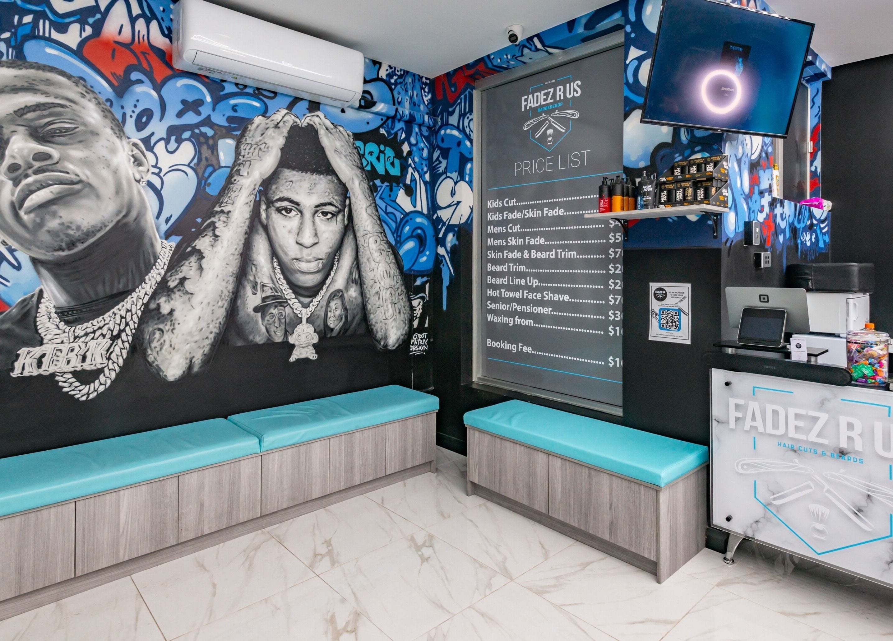 Colorful urban mural at FADEZ R US, Penrith, NSW, AU, showcasing vibrant street art with price list.