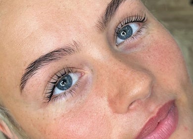 Close-up of radiant skin and defined brows at Emma W Beauty at Muse Studio, Bristol, England, GB.