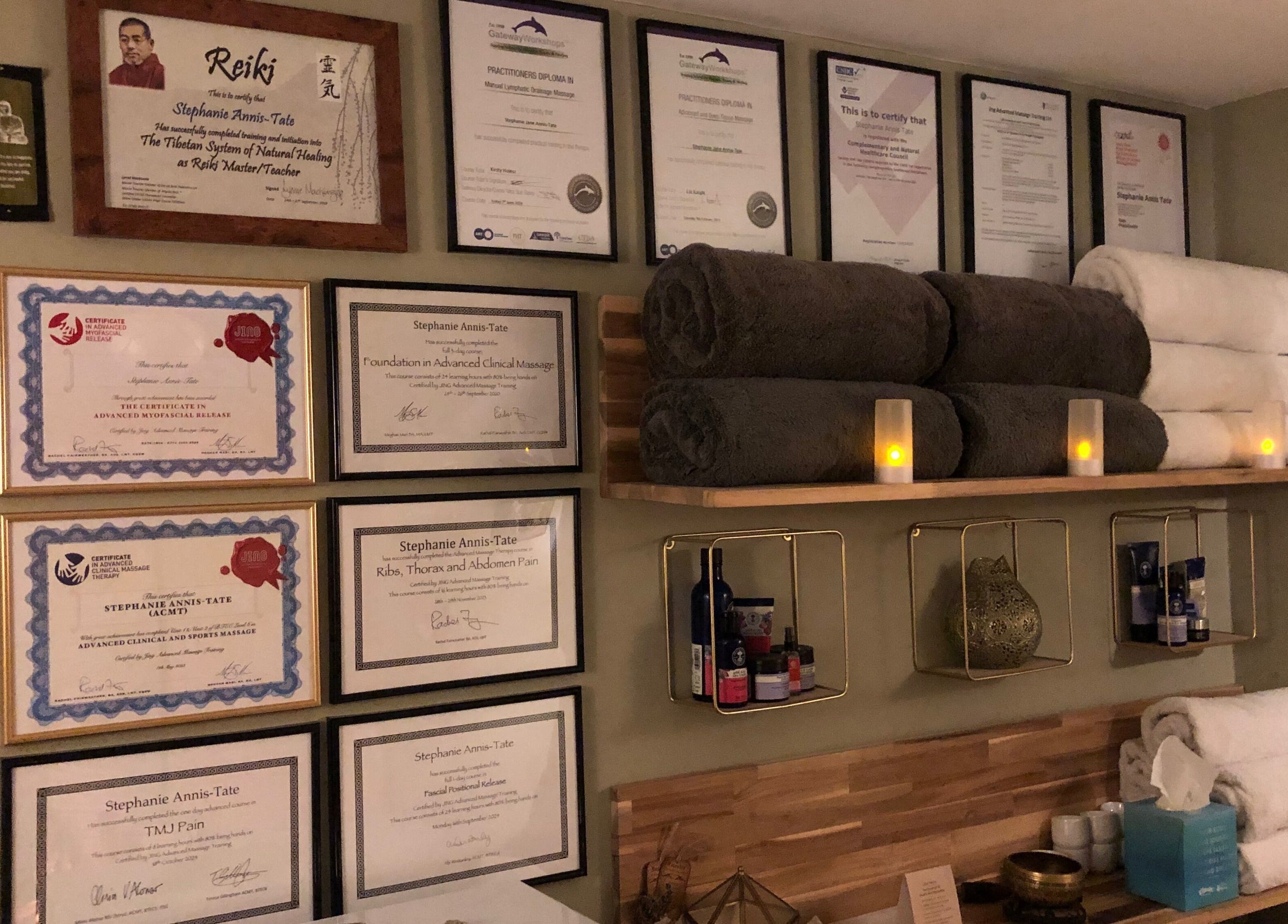 Certificates and cozy towels at Apple Lodge Therapies, Redditch, England, GB indicating expert services.