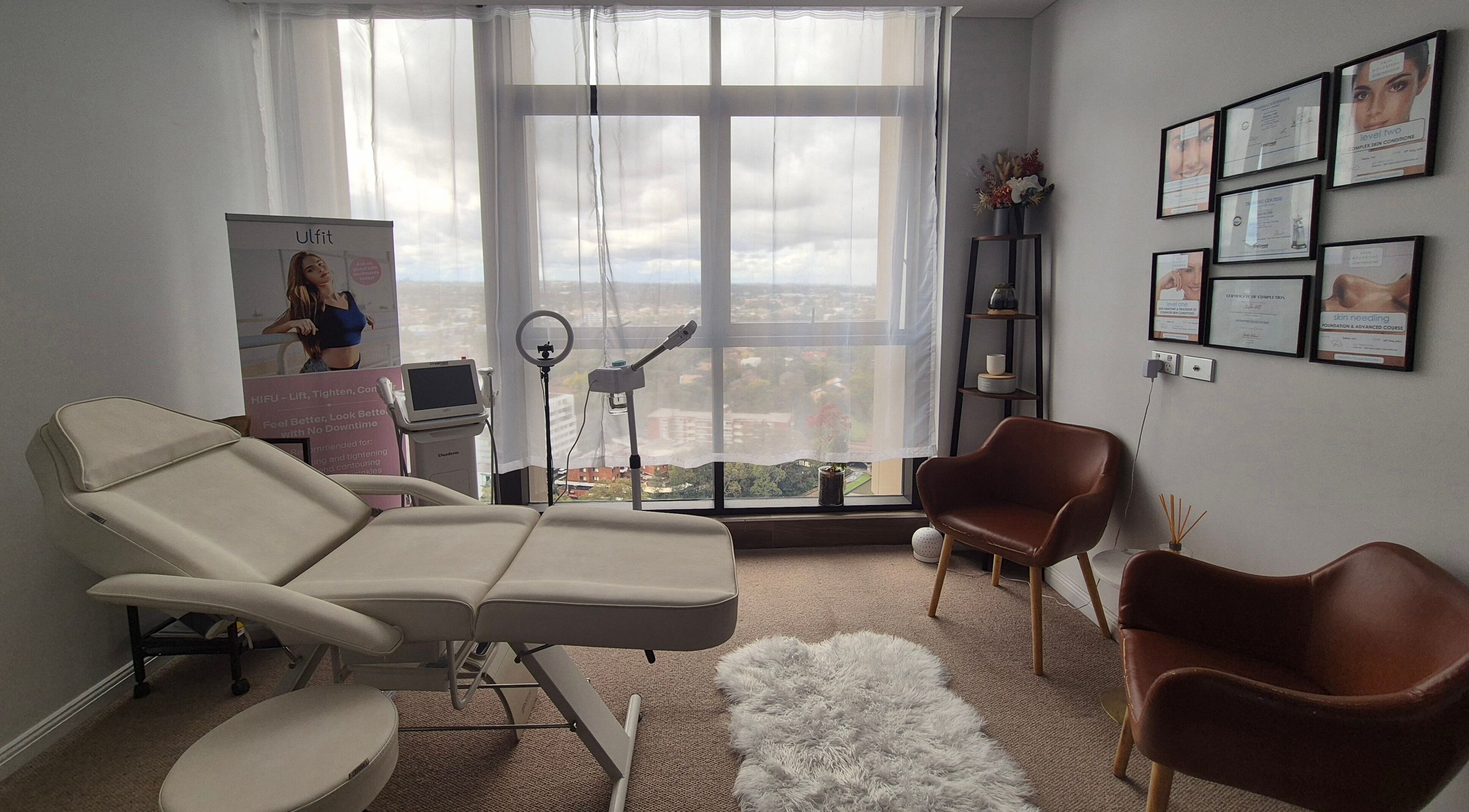 Luxurious treatment room at The Slimming Lounge in Parramatta, New South Wales, AU, featuring modern design.