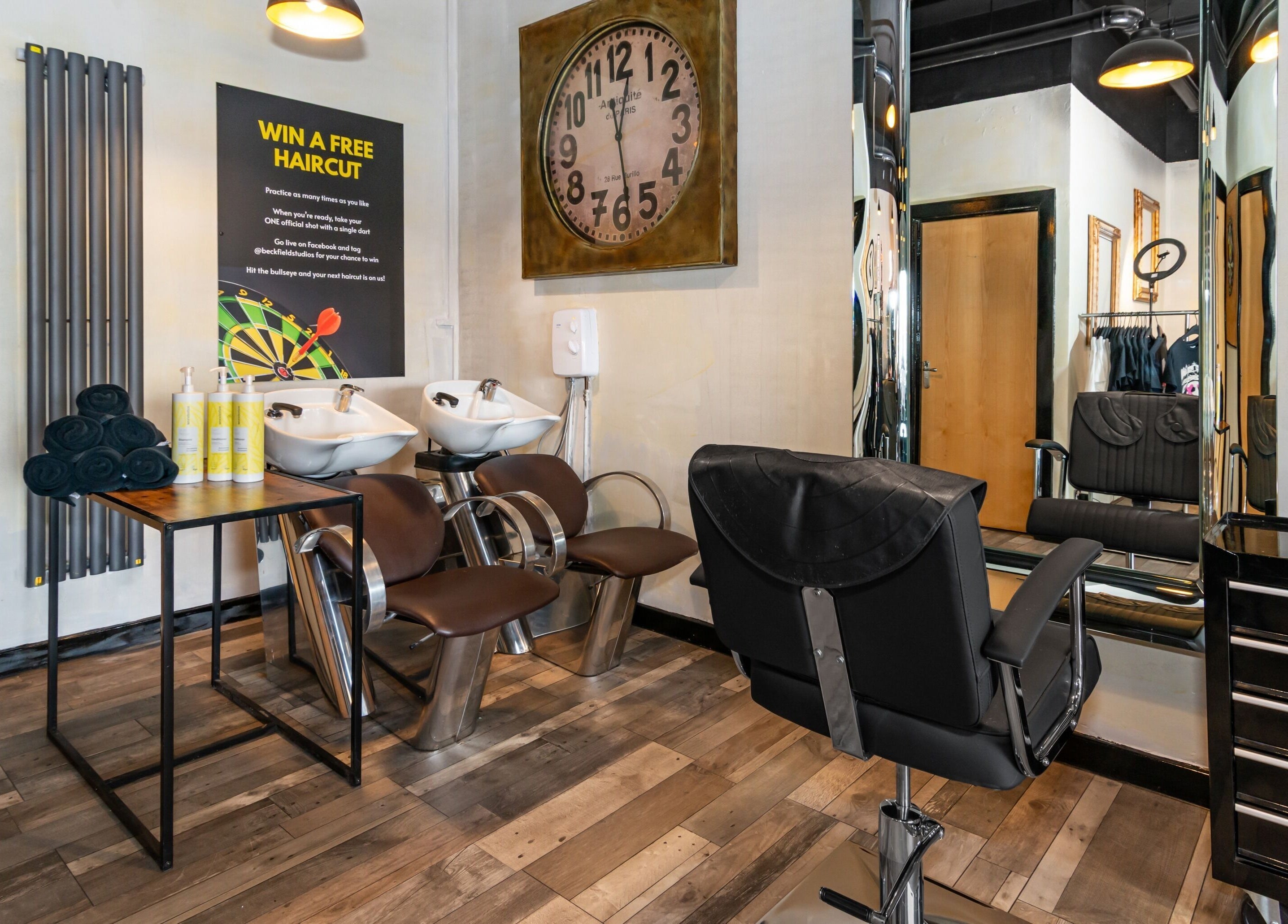 Modern salon chairs and washbasins at Beckfield Studios, Thornaby, England, GB.