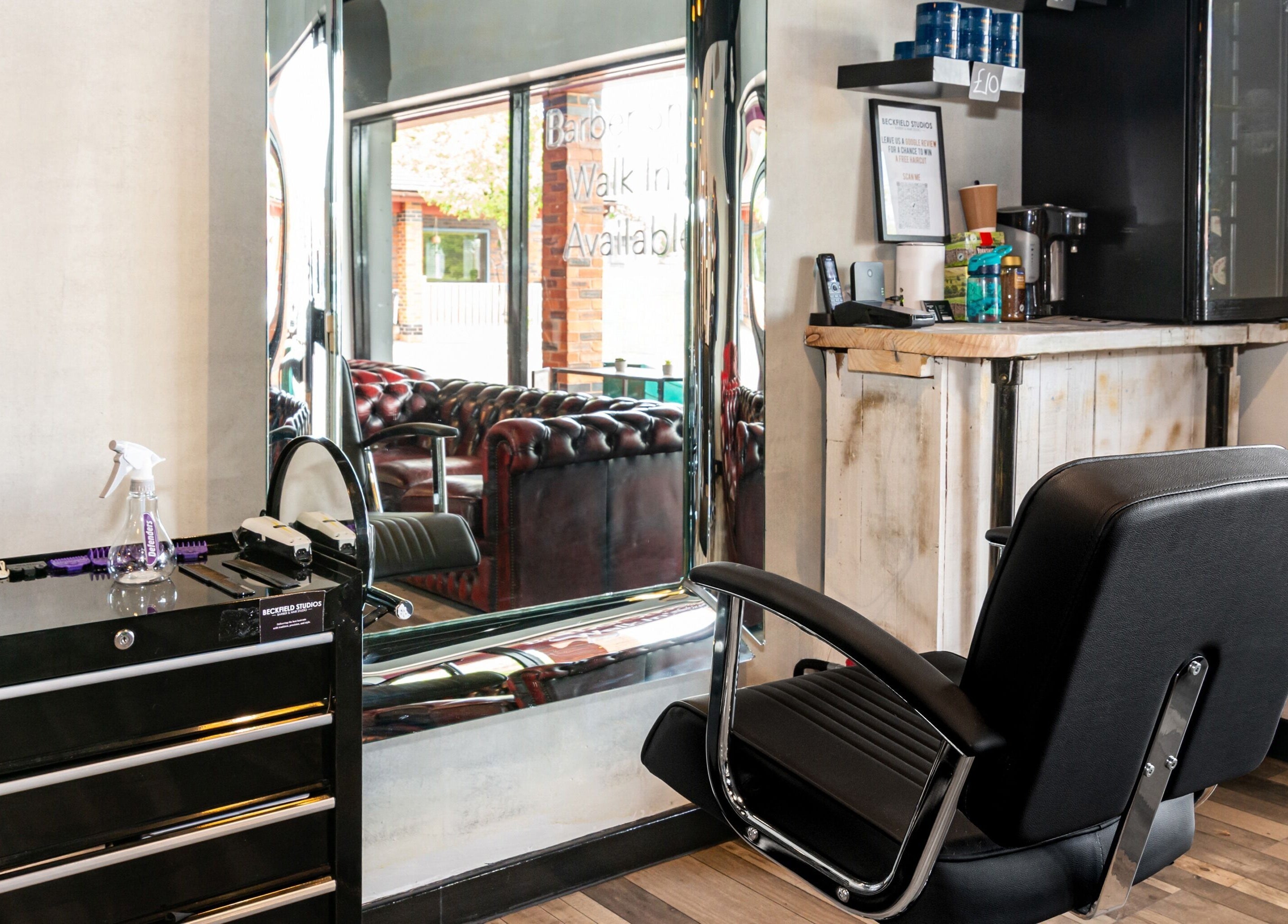 Chic salon interior at Beckfield Studios, Thornaby, England, GB featuring a stylish barber chair and modern decor.