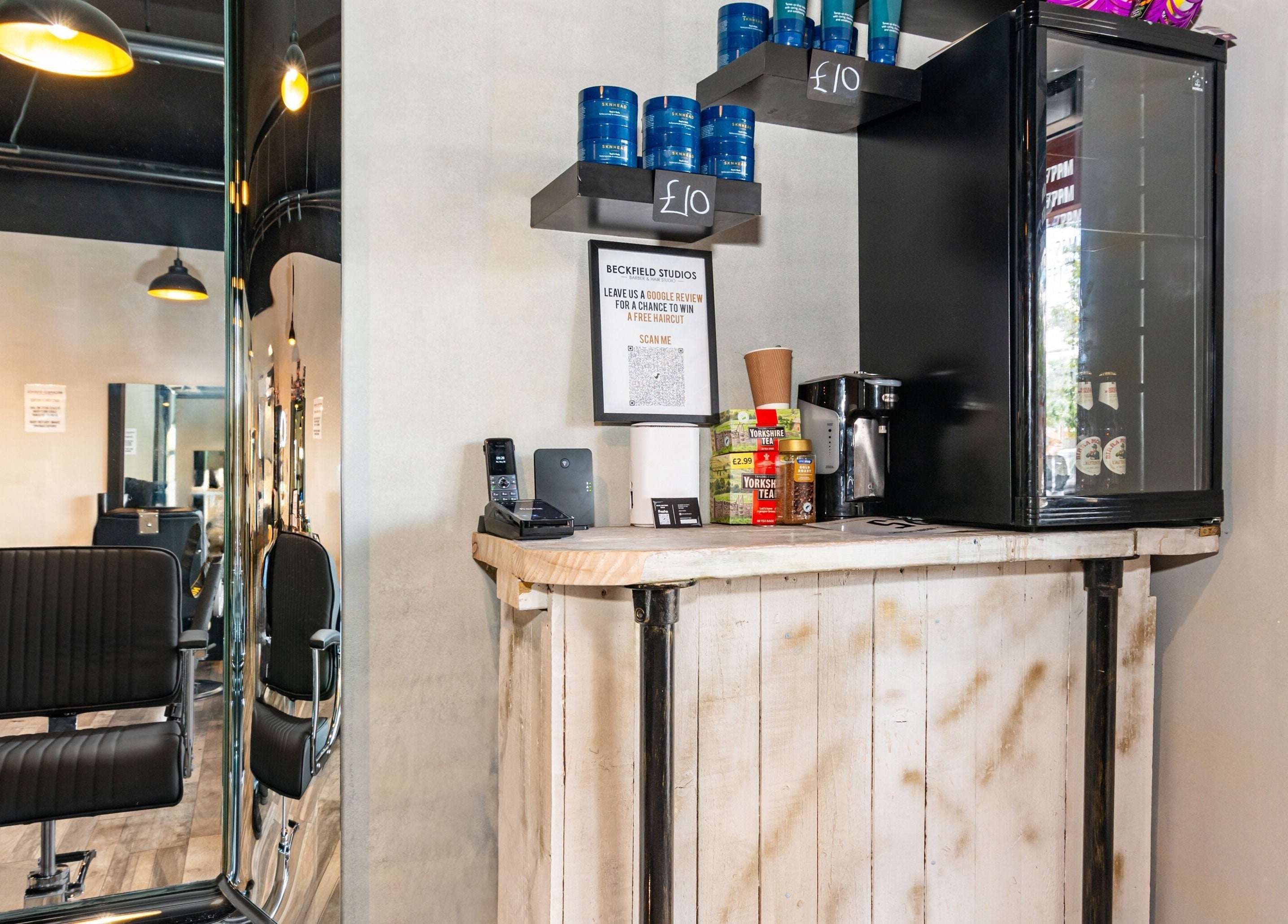 Beckfield Studios reception area with beverage bar at Thornaby, England, GB showcasing modern decor.