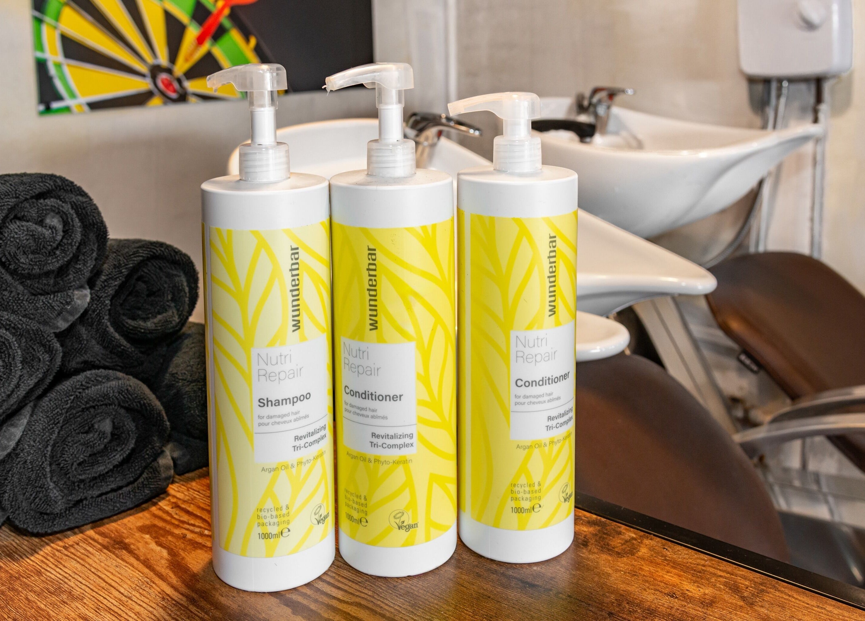 Beckfield Studios in Thornaby, England, features premium hair care products and salon towels.