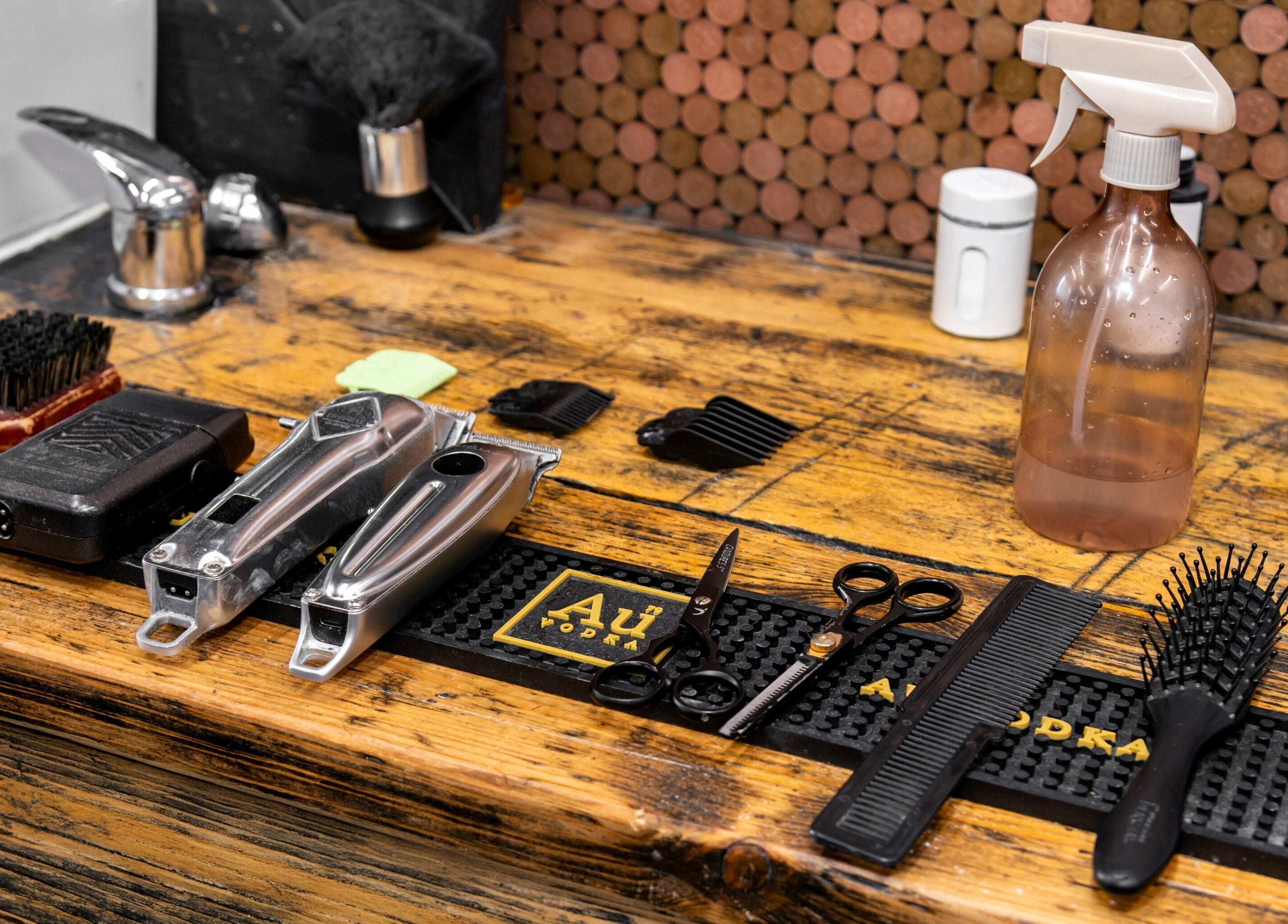 Essential barber tools at Skins & Needles Barbers, Middlesbrough, England, GB showcasing grooming quality.