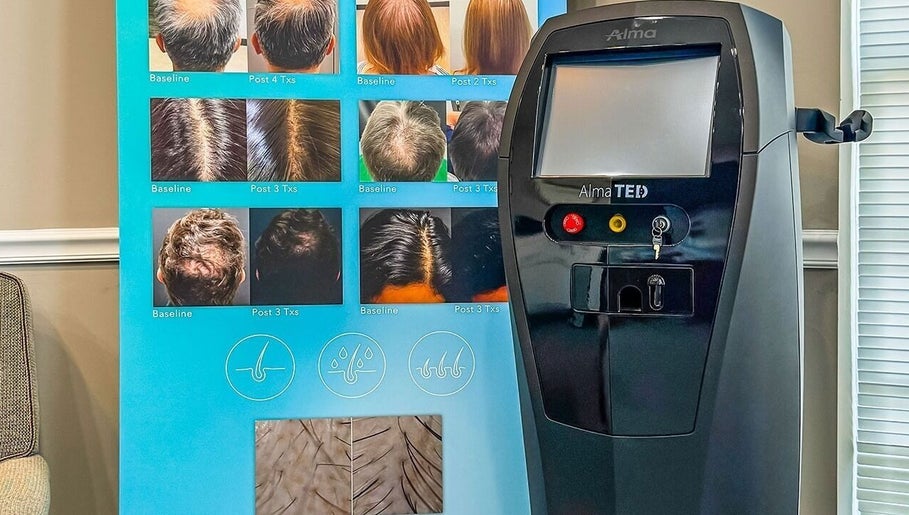 Advanced hair treatment display and machine at ELEVATE, Bellmore, New York, US spa.