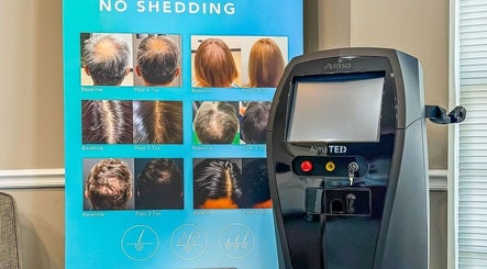 ELEVATE Bellmore, New York, US showcases hair treatment results and equipment for no-shedding solutions.