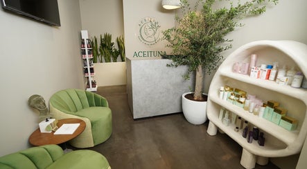 Aceituna Beauty Salon L.L.C reception area with modern decor and lush plants in Dubai, Dubai, AE.