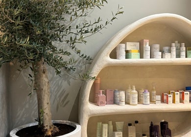 Aceituna Beauty Salon L.L.C in Dubai, Dubai, AE features stylish product shelves with a lush olive tree.