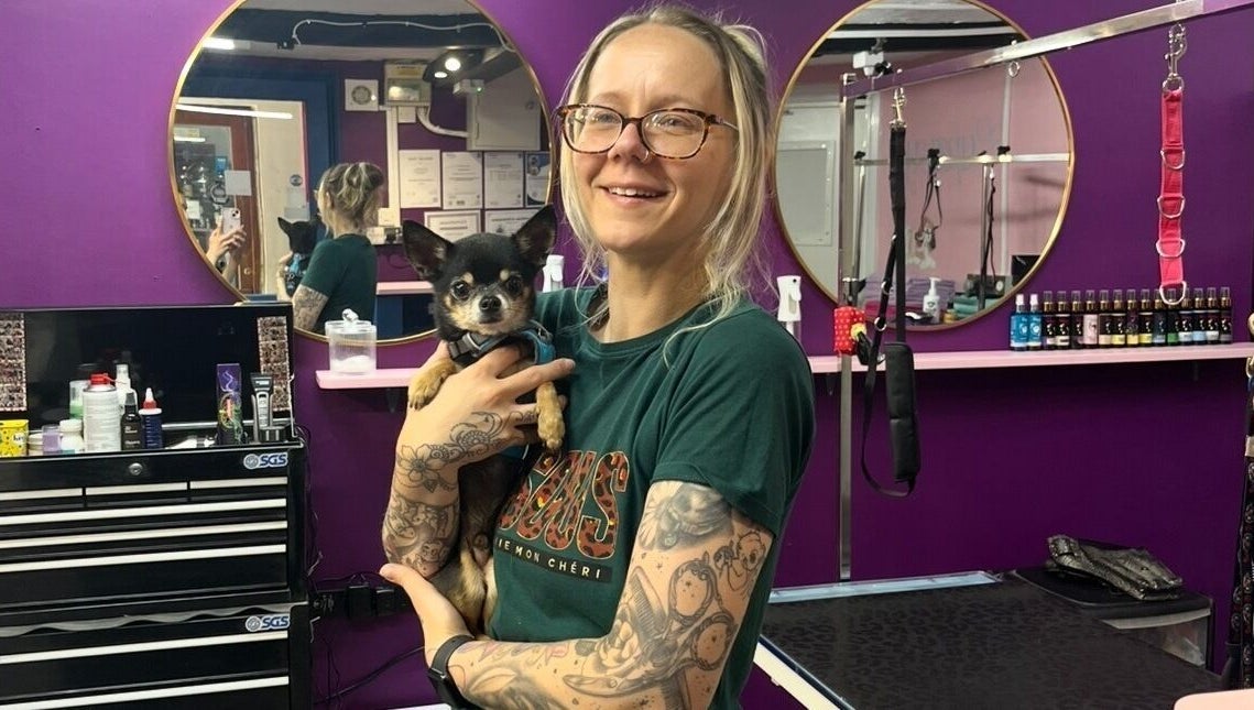 Happy groomer with a Chihuahua at Pup Suey Dog Grooming in Devizes, England, GB.