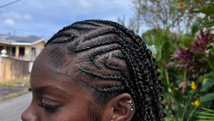Close-up of intricate braided hairstyle by BraidedbyZy in Saint James, Saint James, BB.