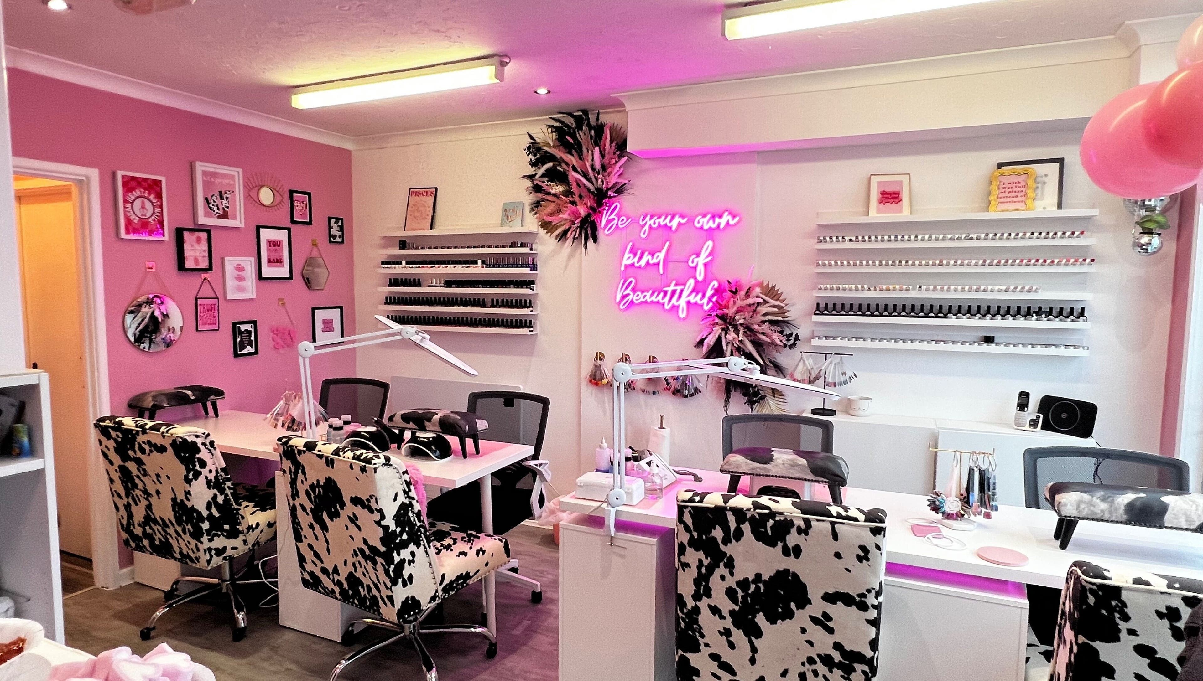 Interior of The Nail Studio - Newquay, featuring stylish decor and manicure stations in Newquay, England, GB.