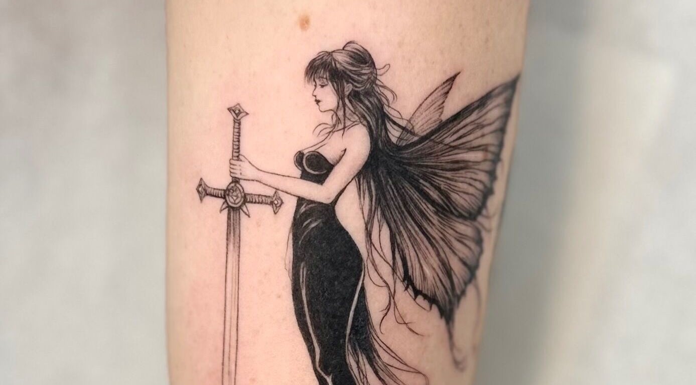 Elegant fairy tattoo design on arm at GazelleInk, Brisbane, Queensland, AU.