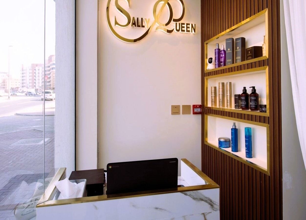Reception area of Sally Queen Salon, showcasing beauty products in Dubai, Dubai, AE.