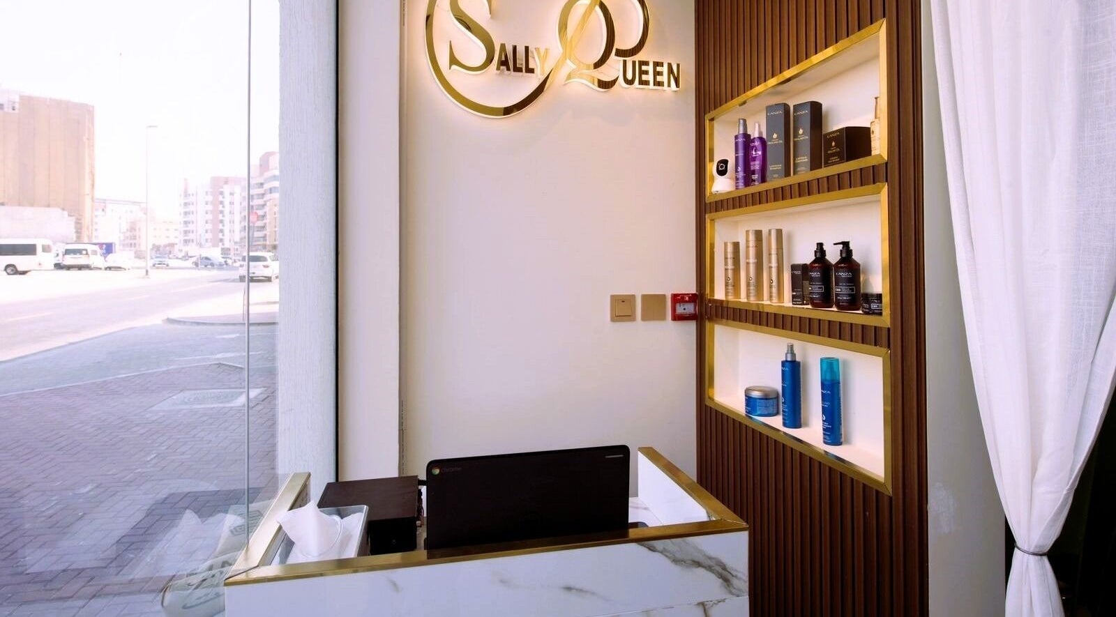 Reception area of Sally Queen Salon, showcasing beauty products in Dubai, Dubai, AE.