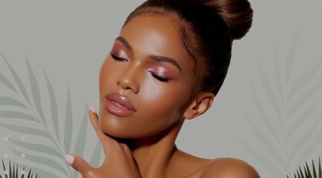 Model with radiant skin care at LOVESTETIC, Abingdon, England, GB against a botanical backdrop.