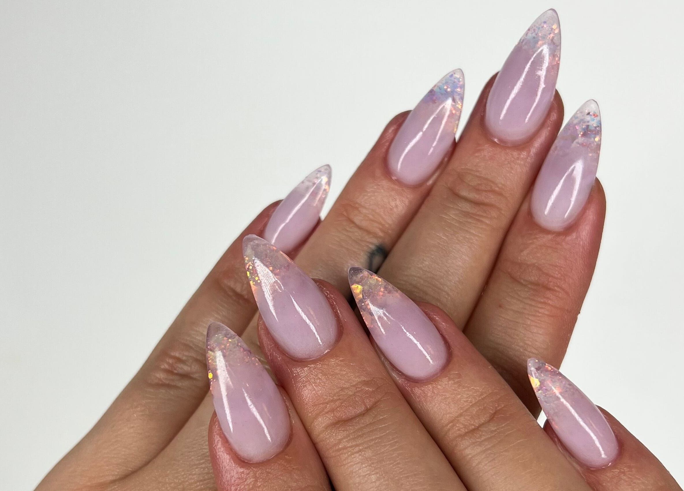 Elegant glittery nail art by Kate the Nailtech in Melbourne, Victoria, AU, showcasing detailed craftsmanship.