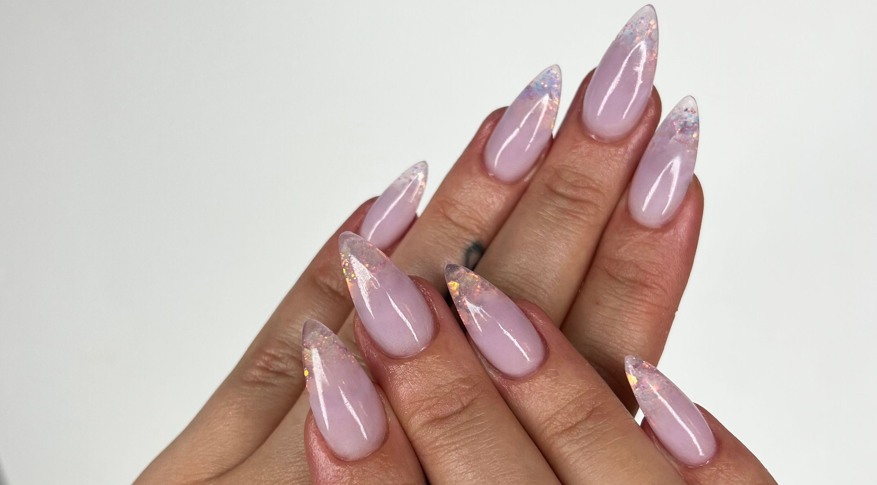 Elegant glittery nail art by Kate the Nailtech in Melbourne, Victoria, AU, showcasing detailed craftsmanship.