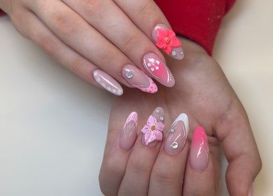 Elegant floral nail art by Beauty By Charlotte Piper, Stalybridge, England, GB, featuring pink and 3D designs.