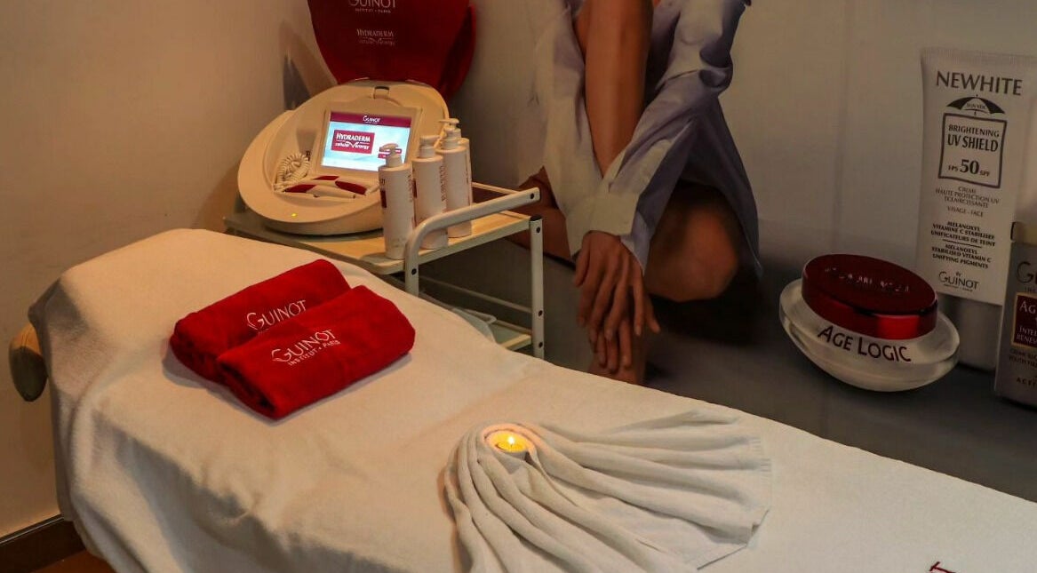 Elegant treatment room at Only You Salon in Dubai, AE with plush towels and beauty products.