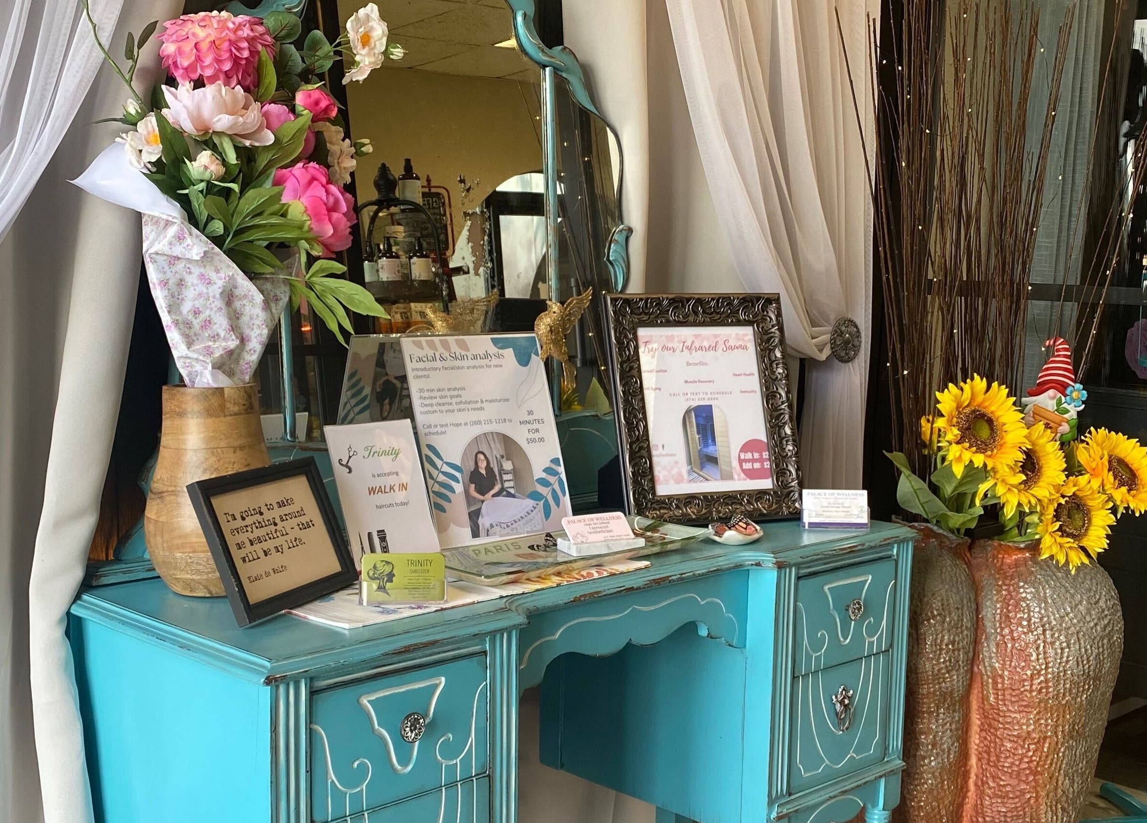 Elegant salon display at Palace of Wellness Salon and Spa, North Webster, Indiana, US featuring vibrant decor.