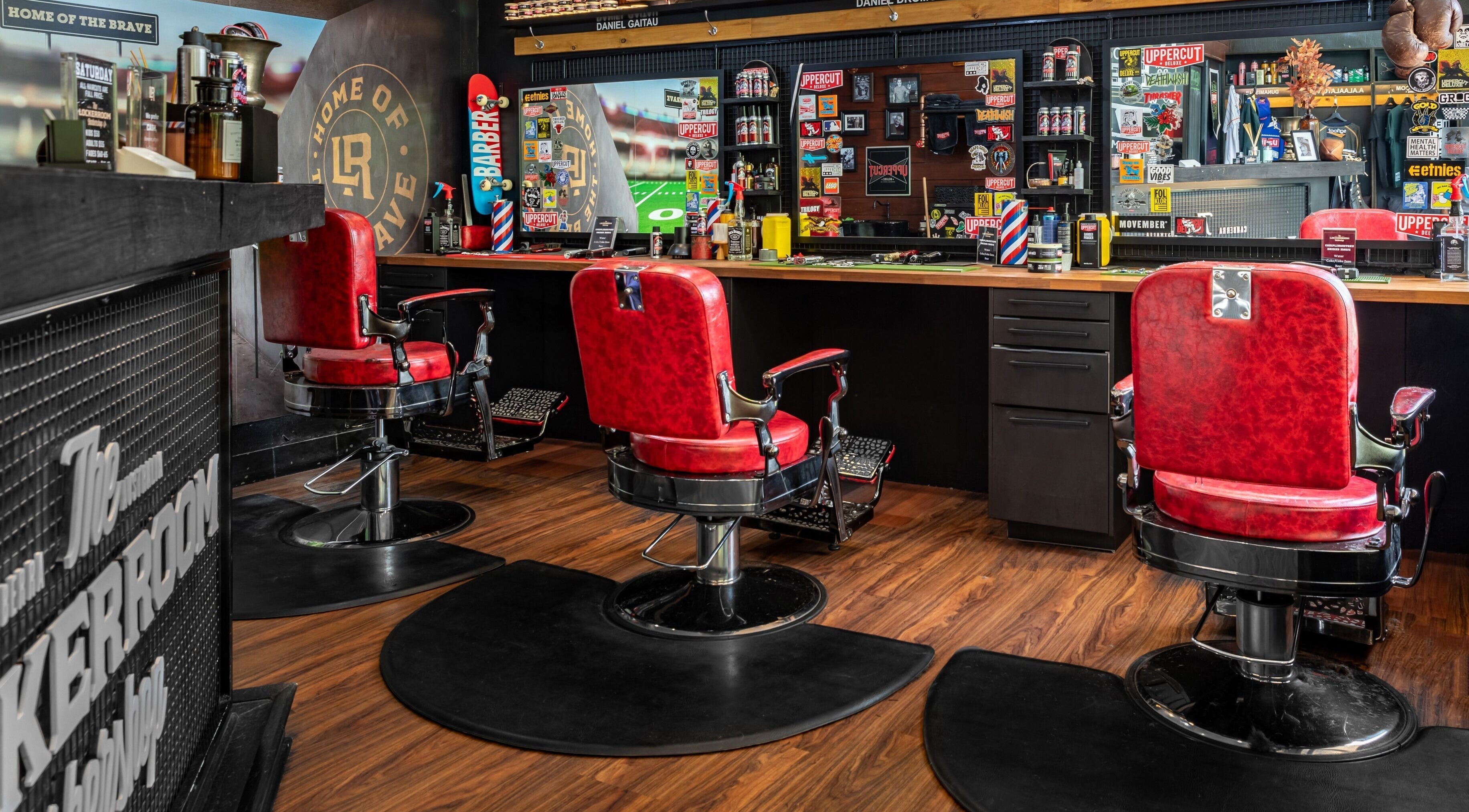 Red leather barber chairs in The Locker Room Barbershop, Narrabundah, Australian Capital Territory, AU.