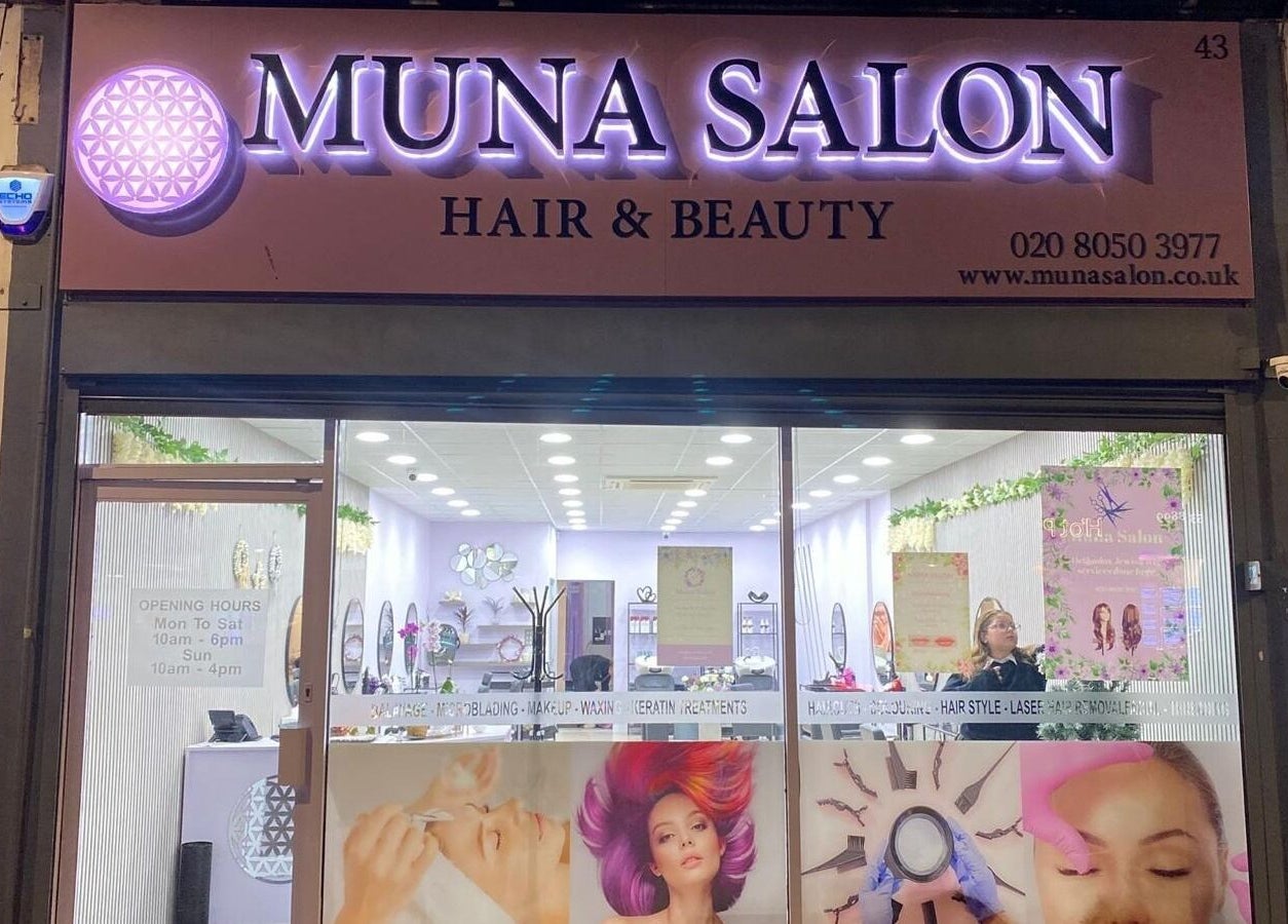 Exterior of Muna Salon 2 in Borehamwood, England, GB, showing a stylish and inviting beauty venue.