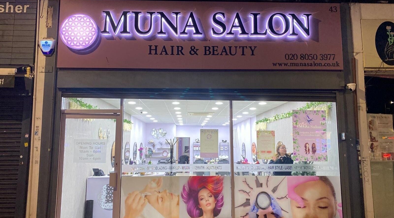 Exterior of Muna Salon 2 in Borehamwood, England, GB, showing a stylish and inviting beauty venue.
