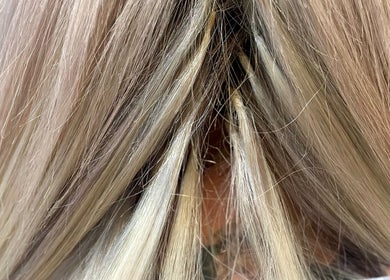 Close-up of highlighted blonde hair extensions at April’s Hair Artistry And Hair Extension Studio, Campbelltown.