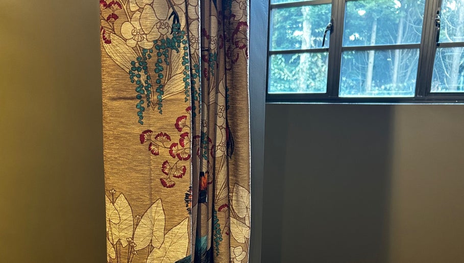 Elegant floral curtains at Matthew Morris with Peluka Salon, Southend on Sea, England, GB create a serene ambiance.