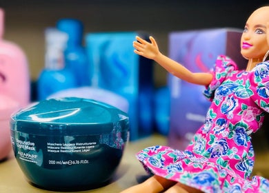 Vibrant beauty products and doll at Matthew Morris with Peluka Salon, Southend on Sea, England, GB.