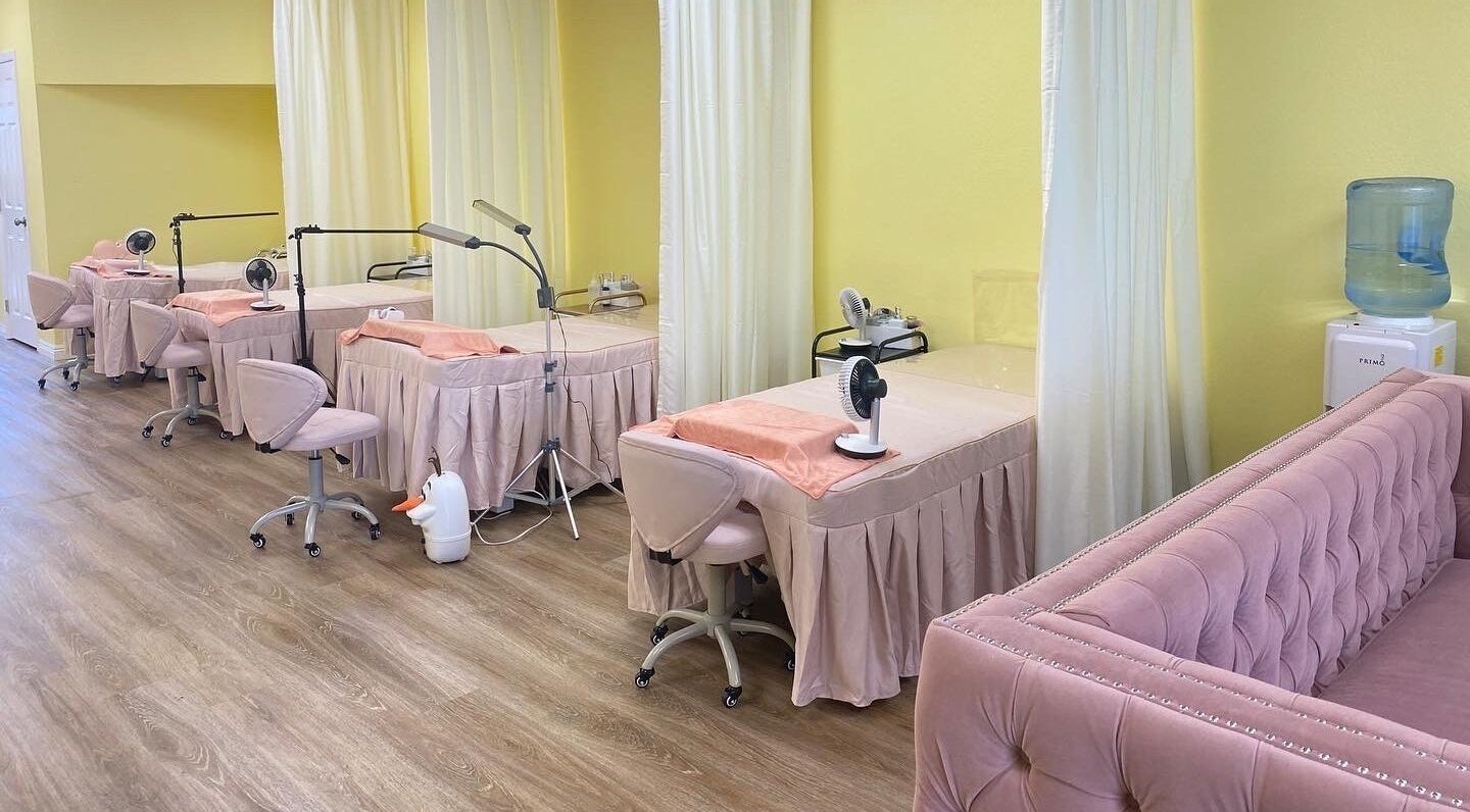 Art lash beauty manicure setup with plush chairs in Baldwin Park, California, US.