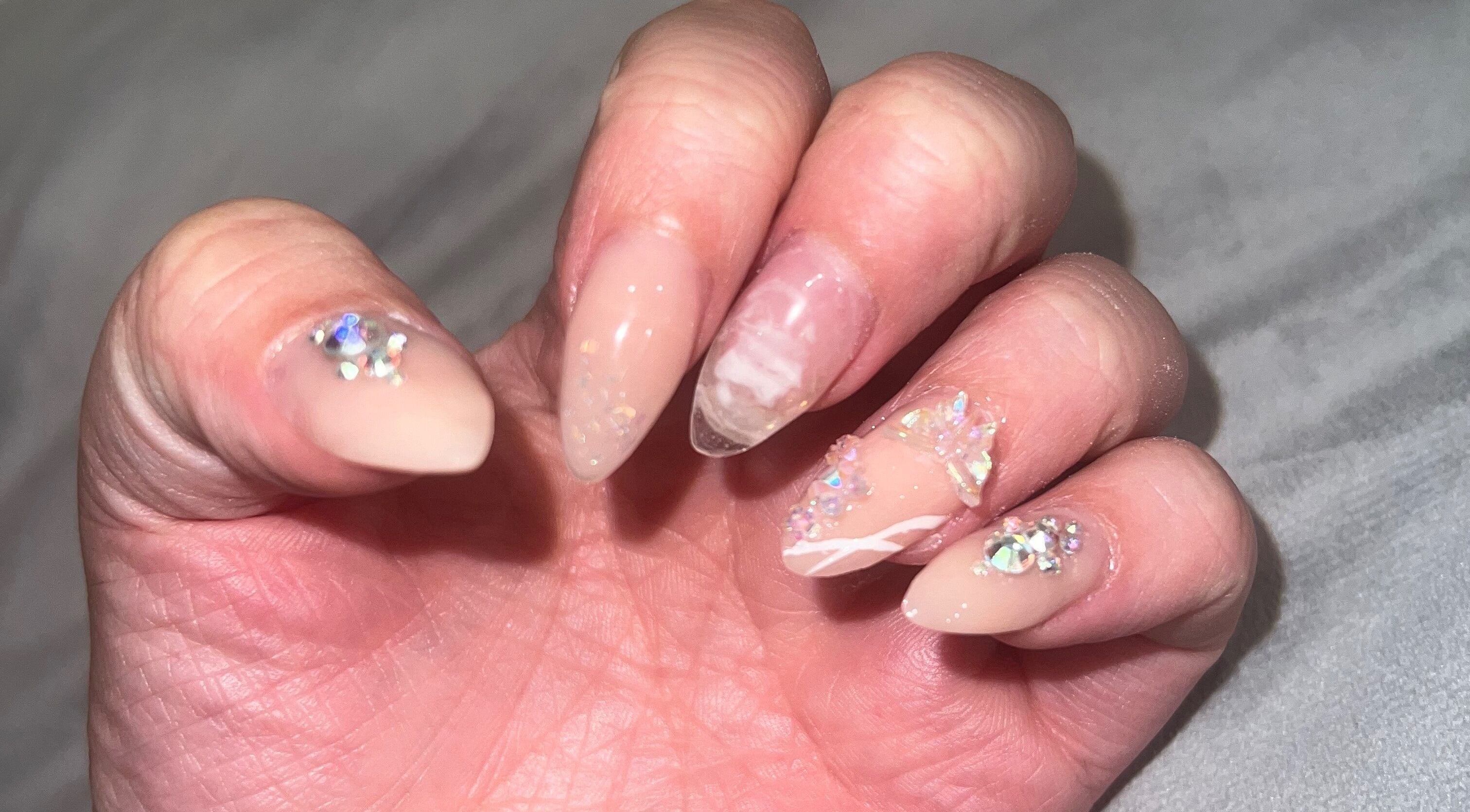 Elegant gel manicure with rhinestones at My Beauty & Skin Clinic, Melbourne, Victoria, AU.