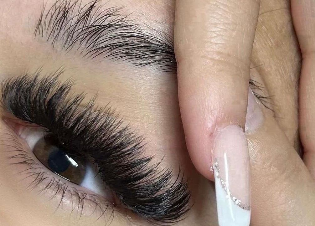 Close-up of eyelash extensions at Caits Cosmetics in Whittlesey, England, GB, showcasing expert beauty treatment.