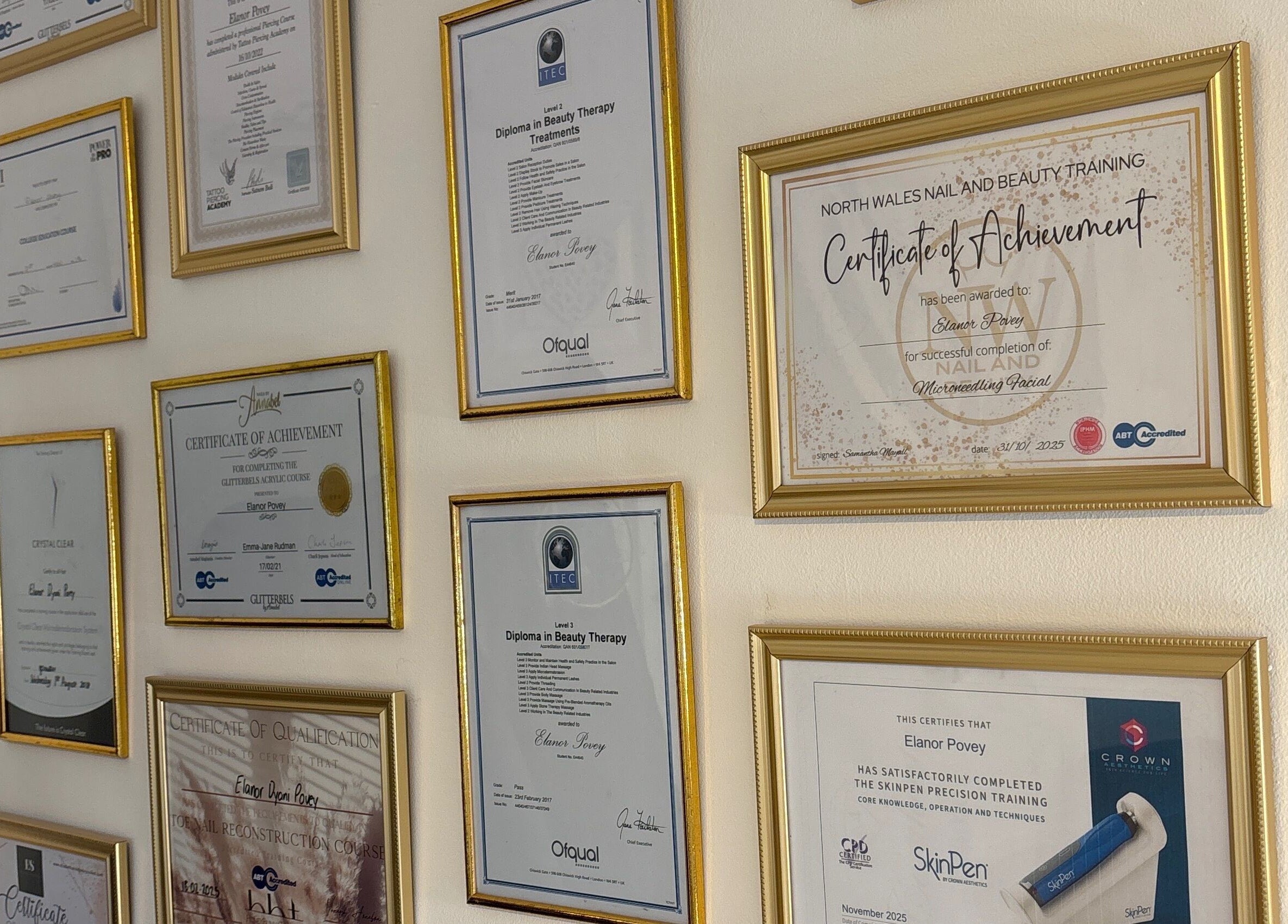 Certificates of achievement at Seaglow Beauty, showcasing expertise in Menai Bridge, Wales, GB.