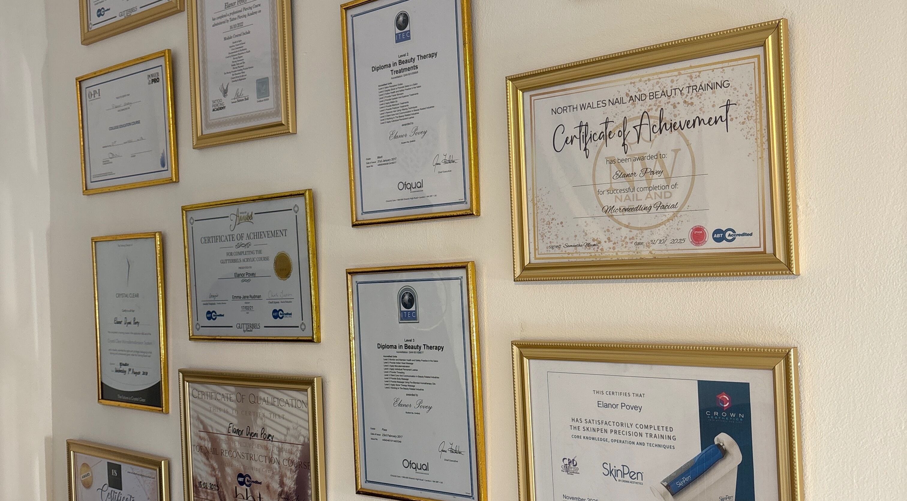 Certificates of achievement at Seaglow Beauty, showcasing expertise in Menai Bridge, Wales, GB.