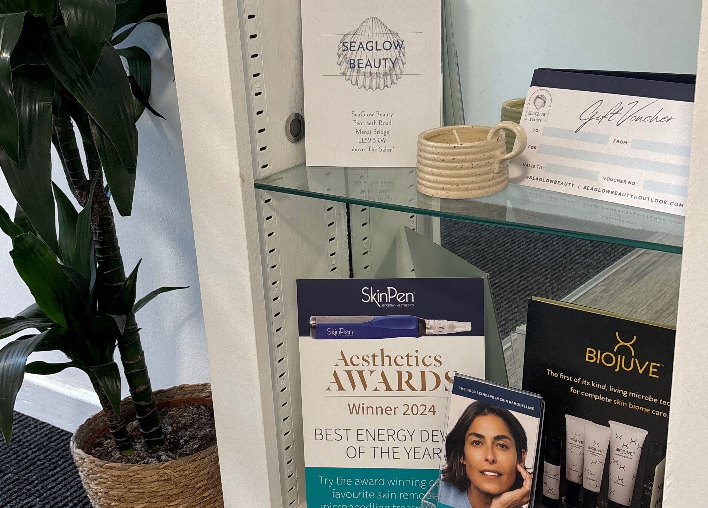 Seaglow Beauty corner with awards and products on display, Menai Bridge, Wales, GB.